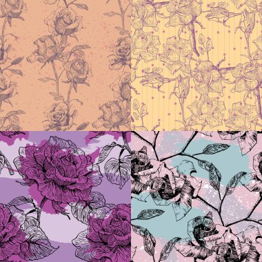 Gül çiçekleriyle kusursuz bir desen. Elle çizilmiş çiçek desenleri, eskiz tarzında. Ambalaj kağıdı, kapak, tekstil için kullanılabilir.