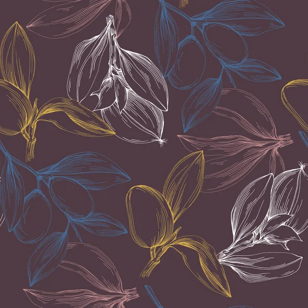 Vektornahtloses Muster Mit Handgezeichneten Jojobazweigen Und Blättern Auf Dem Hintergrund — Stockvektor
