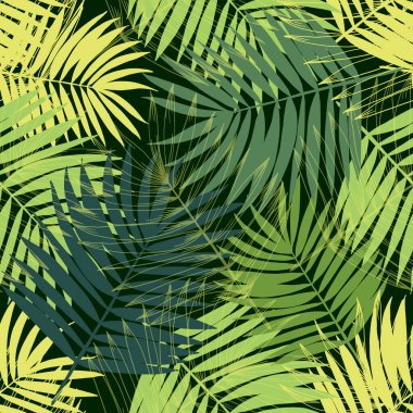 Palmiye yapraklı, kusursuz bir desen. El çizimi tropikal çiçek süslemeleri taslak tarzında. Ambalaj kağıdı, kapak, tekstil için kullanılabilir.