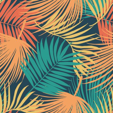 Palmiye yapraklı, kusursuz bir desen. El çizimi tropikal çiçek süslemeleri taslak tarzında. Ambalaj kağıdı, kapak, tekstil için kullanılabilir.