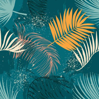 Palmiye yapraklı, kusursuz bir desen. El çizimi tropikal çiçek süslemeleri taslak tarzında. Ambalaj kağıdı, kapak, tekstil için kullanılabilir.