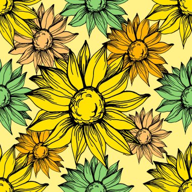 Sarı çiçekli kusursuz desen. Ayçiçeği desenleri kusursuz. Vektör çizgisi sarı çiçek dokusu arka planı. İllüstrasyon çiçek pınarı