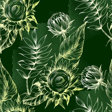 Sarı çiçekli kusursuz desen. Ayçiçeği desenleri kusursuz. Vektör çizgisi sarı çiçek dokusu arka planı. İllüstrasyon çiçek pınarı