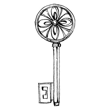 Eski Key skeci. Tasarım için izole bir element. Korunma ve güvenliğin eski bir sembolü. Logo için antika vintage oyma çizimi