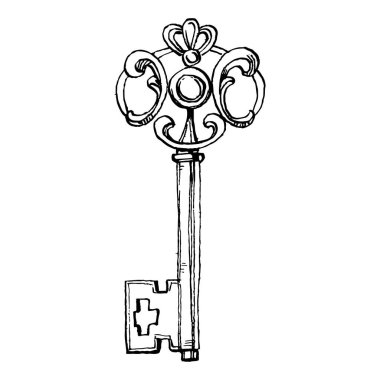 Eski Key skeci. Tasarım için izole bir element. Korunma ve güvenliğin eski bir sembolü. Logo için antika vintage oyma çizimi