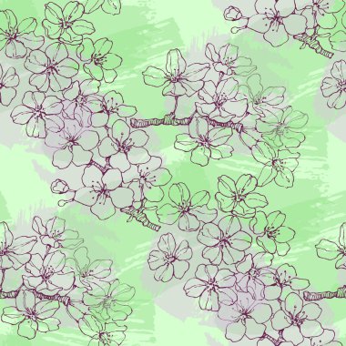 Kusursuz desenli kiraz ağacı çiçekli Sakura. Eskiz biçiminde klasik el çizimi vektör illüstrasyonu.