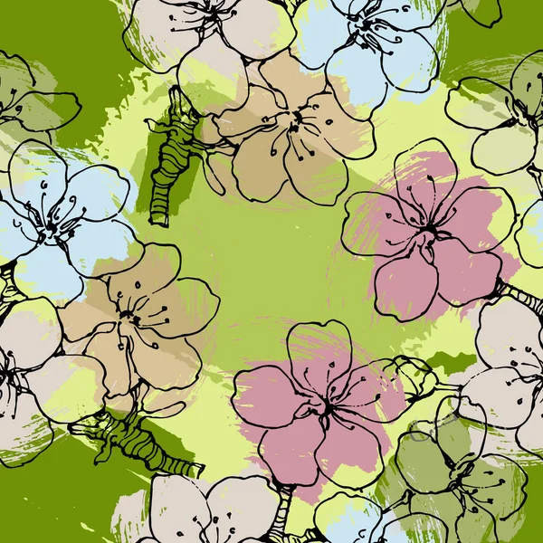 Bezešvý Vzor Sakura Třešňovými Květy Ročník Ručně Kreslené Vektorové Ilustrace — Stockový vektor