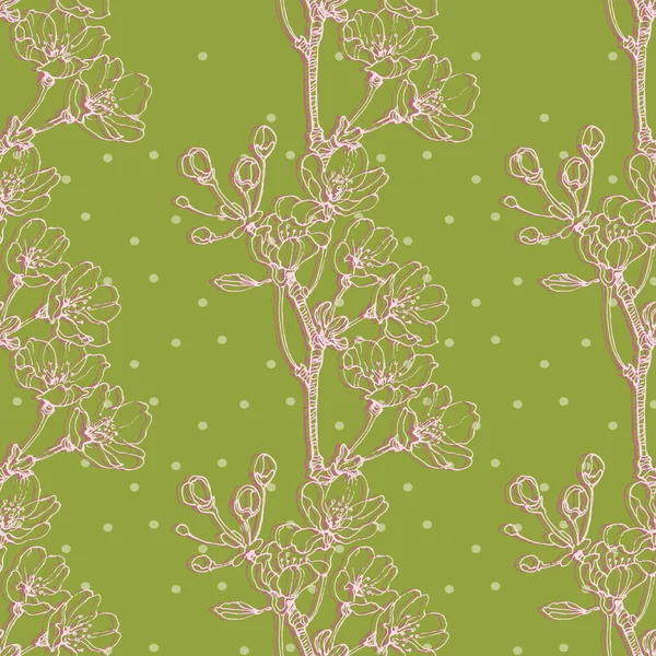 桜の花とシームレスなパターン桜 スケッチスタイルでヴィンテージ手描きベクトルイラスト — ストックベクタ
