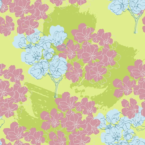 Seamless Pattern Sakura Cherry Tree Blossom Vintage Hand Drawn Vector — Stock Vector