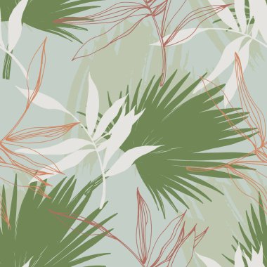Yeşil çizgili tropikal yaprakları olan zarif, pürüzsüz bir desen. Basit şekilli çağdaş bir kolaj. Kağıt, kapak, kumaş, duvar kağıdı, iç mimari için modern egzotik tasarım. Vektör grafikleri.
