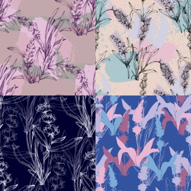 Elle çizilmiş lavanta desensiz çiçekler. Yüzey desenli tasarım. Zarif lavanta arkaplan. Klasik eskiz. Botanik illüstrasyon. Vektör deseni veya kart tasarımı.