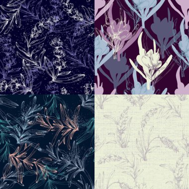 Elle çizilmiş lavanta desensiz çiçekler. Yüzey desenli tasarım. Zarif lavanta arkaplan. Klasik eskiz. Botanik illüstrasyon. Vektör deseni veya kart tasarımı.