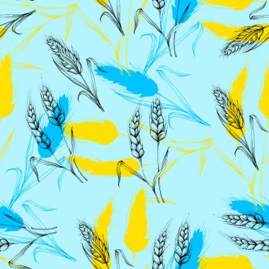 Vektör Tarım Kusursuz Düzen. Buğday alanı, elle çizilmiş kulaklarla kusursuz doku deseni, klasik tarzda soyut tasvir vektör çizimi.