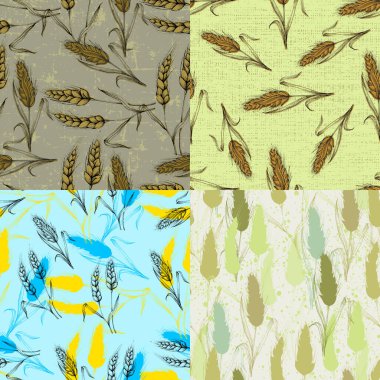 Vektör Tarım Kusursuz Düzen. Buğday alanı, elle çizilmiş kulaklarla kusursuz doku deseni, klasik tarzda soyut tasvir vektör çizimi.