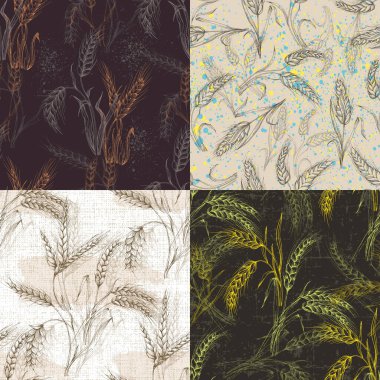 Vektör Tarım Kusursuz Düzen. Buğday alanı, elle çizilmiş kulaklarla kusursuz doku deseni, klasik tarzda soyut tasvir vektör çizimi.