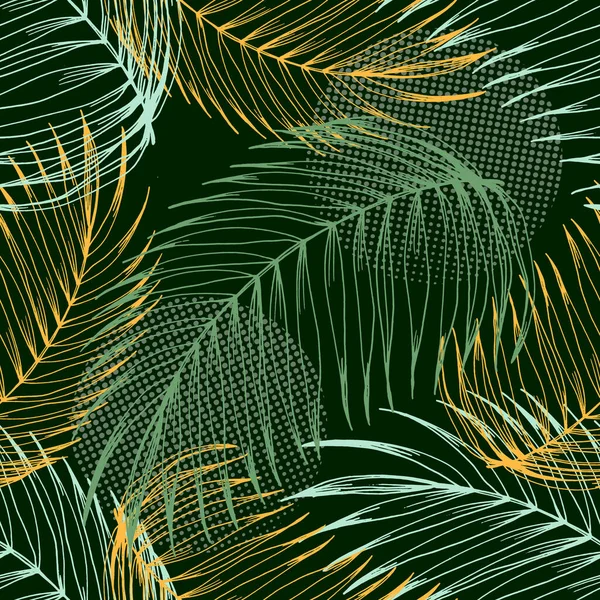 Elegante Naadloze Patroon Met Groene Hand Getrokken Lijn Tropische Bladeren — Stockvector