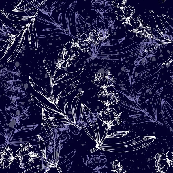 手描きラベンダーシームレスな花の繰り返しパターン 表面パターン設計 エレガントなラベンダーの背景 ヴィンテージスケッチ 植物図 ベクトルパターン又はカードデザイン — ストックベクタ