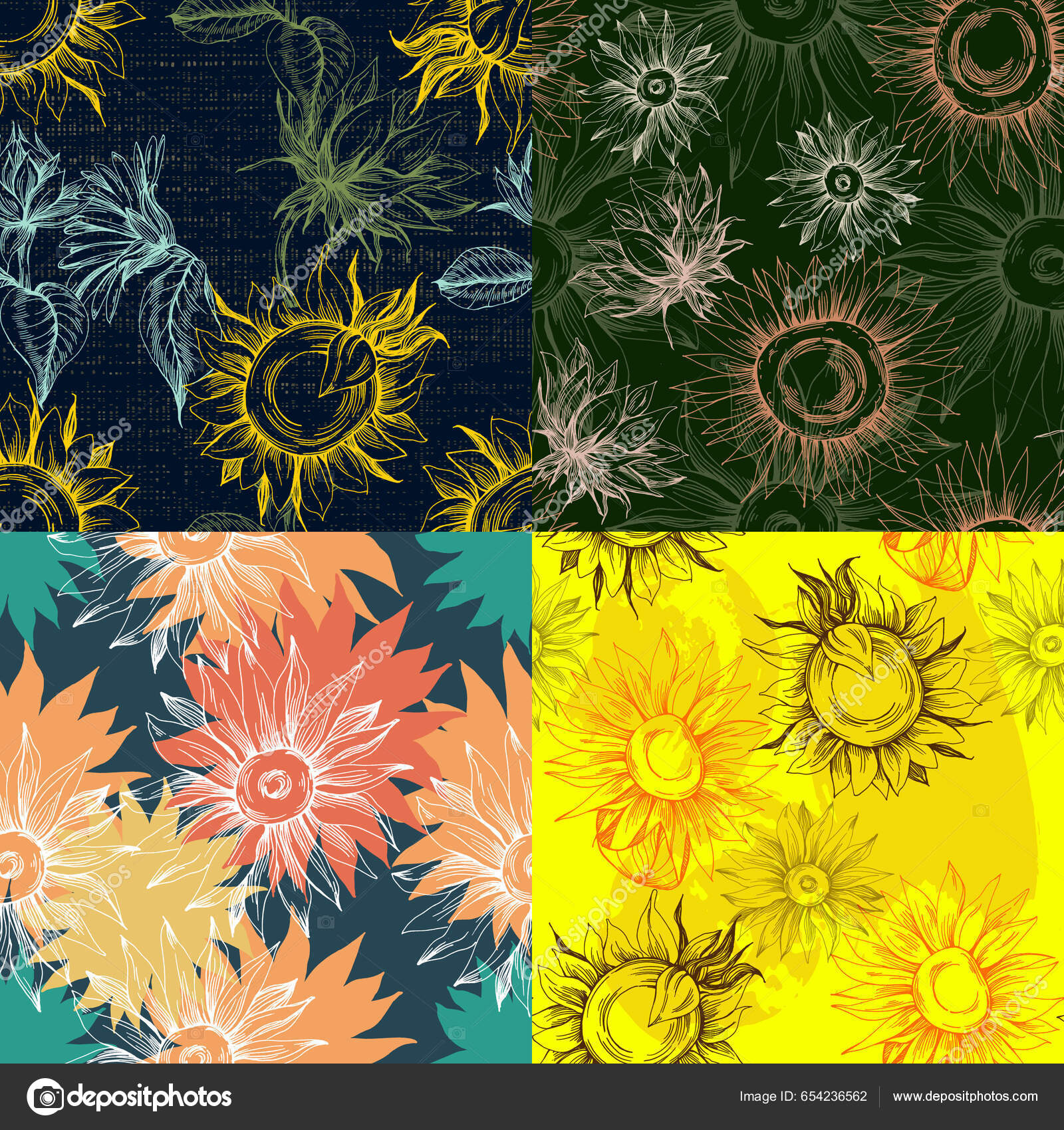 Бесшовный Узор Желтыми Цветами Подсолнух Линии Искусств Роскошный.