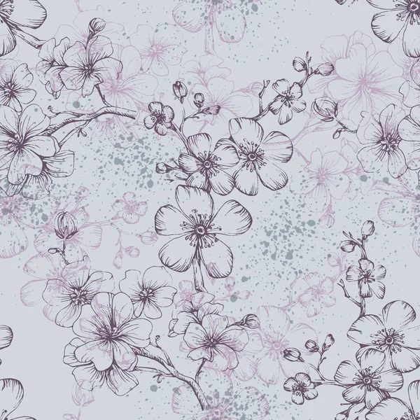 Seamless Pattern Cherry Tree Blossom Vintage Hand Drawn Vector Illustration — Stock Vector