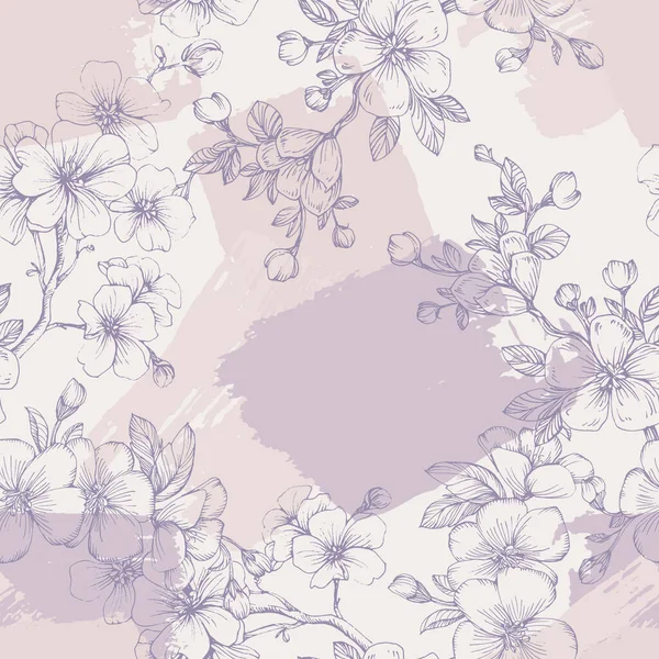 桜の花とシームレスなパターン スケッチスタイルでヴィンテージ手描きベクトルイラスト ピンクの桜の花のテキスタイルプリント 春の木の花の生地 バラのシンプルな花 — ストックベクタ
