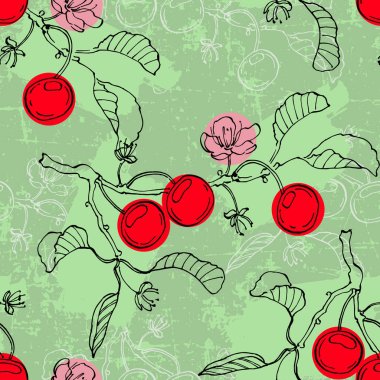 Kirazsız desen. Eskiz tarzında klasik el çizimi vektör çizimi. Kiraz ve soyut elementleri karala. Japon kiraz çiçeği..