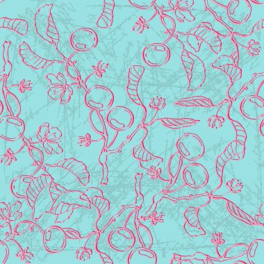 Kirazsız desen. Eskiz tarzında klasik el çizimi vektör çizimi. Kiraz ve soyut elementleri karala. Japon kiraz çiçeği..