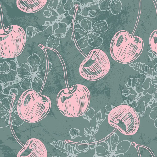 樱桃无缝图案 古色古香的手绘矢量图式草图 点缀樱桃和抽象元素 日本樱花 — 图库矢量图片