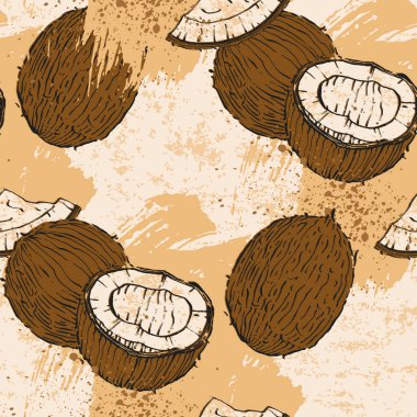 Hindistancevizli kusursuz desen. Yaz ve cennet geçmişi. Duvar kağıdı, baskı, ambalaj kağıdı, modern tekstil tasarımı, afiş, poster. Vektör illüstrasyonu.