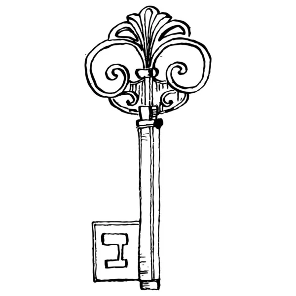 古いキーのスケッチ デザインのための分離要素 保護と安全性のヴィンテージイラストのシンボルを彫刻 ロゴのためのアンティークヴィンテージ彫刻イラスト — ストックベクタ