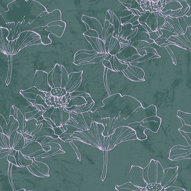 Çiçeksiz desenli, elle çizilmiş nilüfer çiçekleri ve yaprakları. Tasarım için modaya uygun şablon. Soyut çiçek deseni.