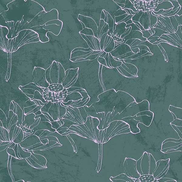Patrón Sin Costura Floral Con Flores Hojas Loto Dibujadas Mano — Vector de stock