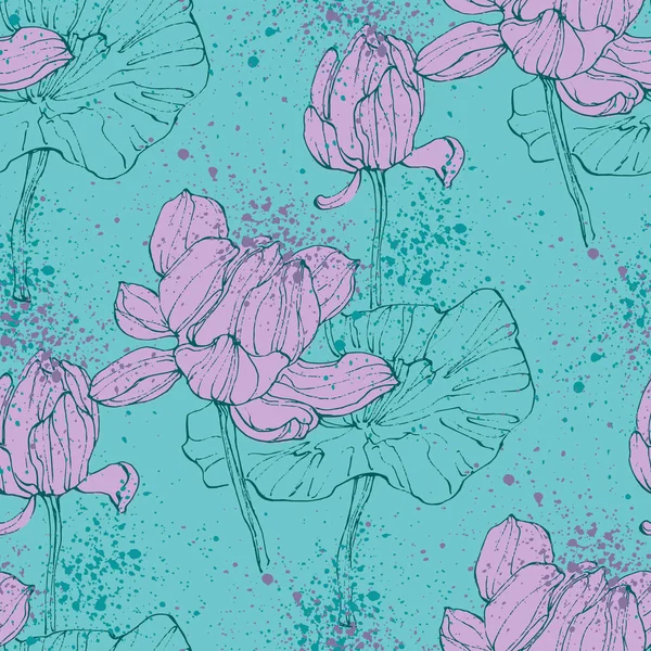 Květinový Bezešvý Vzor Ručně Kreslenými Lotosovými Květy Listy Módní Šablona — Stockový vektor