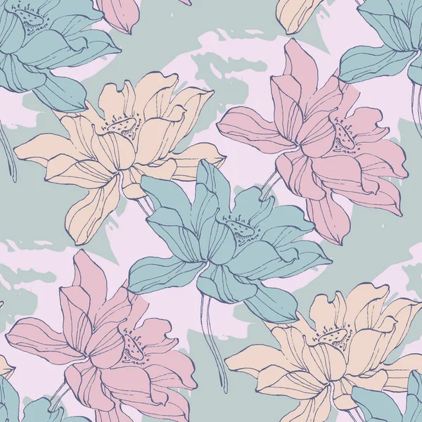 Florales Nahtloses Muster Mit Handgezeichneten Lotusblüten Und Blättern Modische Vorlage — Stockvektor