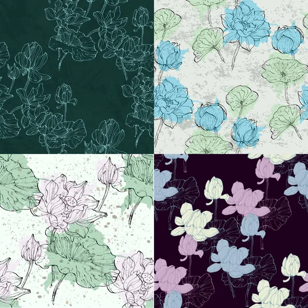 Patrón Sin Costura Floral Con Flores Hojas Loto Dibujadas Mano — Archivo Imágenes Vectoriales
