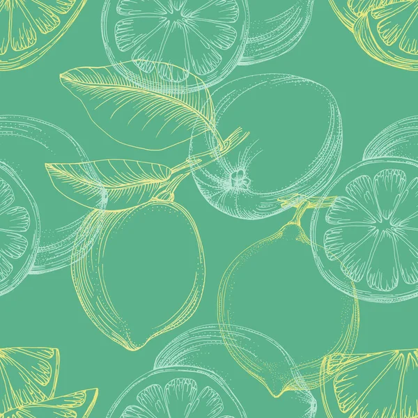 无缝隙柠檬模式与热带水果 夏季浪漫封面 热带壁纸 古色古香质感的草图式手绘矢量图 — 图库矢量图片