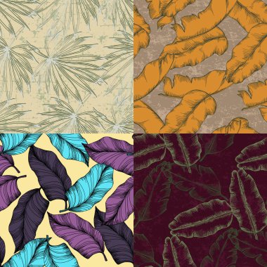 Tropikal yapraklar pürüzsüz. Orman vektörü çiçek desenli arka plan. Tasarım ve tekstil için modern bitkiler.