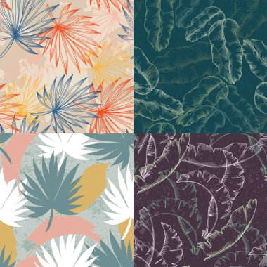 Tropikal yapraklar pürüzsüz. Orman vektörü çiçek desenli arka plan. Tasarım ve tekstil için modern bitkiler.