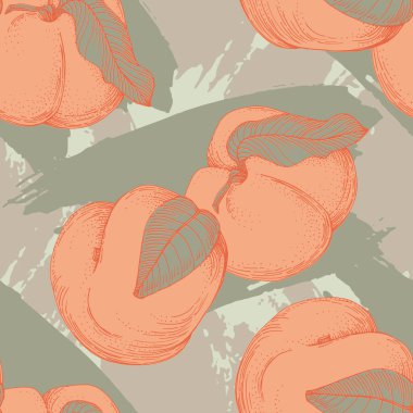 Kusursuz şeftali deseni, tropik meyveler, yapraklar, çiçek arkaplanı. Yaz kapağı için vektör illüstrasyonu, tropikal duvar kağıdı, klasik doku, arka plan, düğün davetiyesi