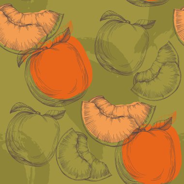 Kusursuz şeftali deseni, tropik meyveler, yapraklar, çiçek arkaplanı. Yaz kapağı için vektör illüstrasyonu, tropikal duvar kağıdı, klasik doku, arka plan, düğün davetiyesi