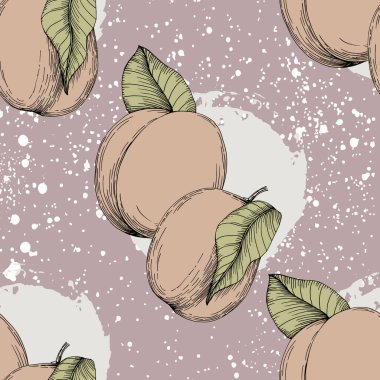 Kusursuz şeftali deseni, tropik meyveler, yapraklar, çiçek arkaplanı. Yaz kapağı için vektör illüstrasyonu, tropikal duvar kağıdı, klasik doku, arka plan, düğün davetiyesi