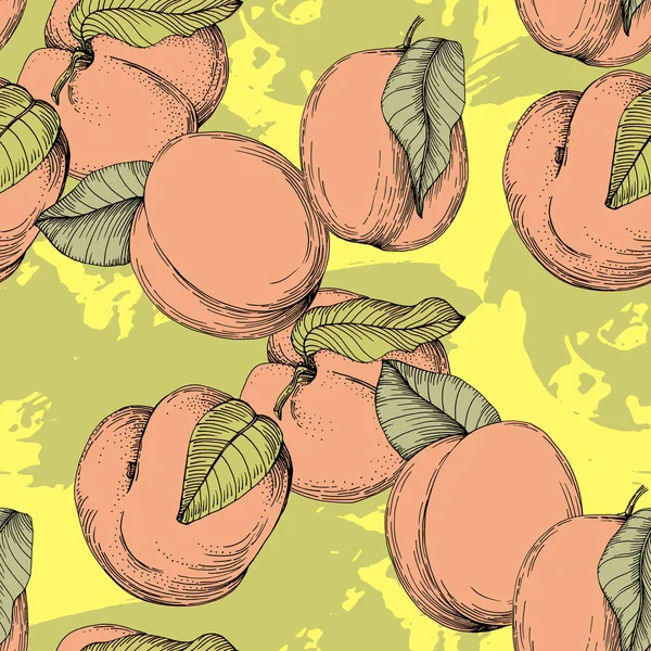 Bezešvé Broskve Vzor Tropickým Ovocem Listy Květiny Pozadí Vektorová Ilustrace — Stockový vektor