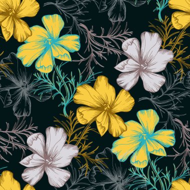 Yaban çiçekleri kusursuz kosmeya deseni. Çiçek deseni. Moda için arka plan, duvar halıları, parmak izleri. Modern çiçek tasarımı moda ve dekorasyon için mükemmel.