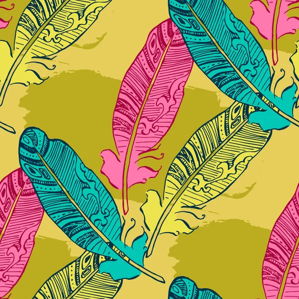 抽象的な羽を持つシームレスな背景パターン ベクトルイラスト 部族の繰り返しの要素からのボヘミアの背景 東洋スタイルの布のテンプレート — ストックベクタ