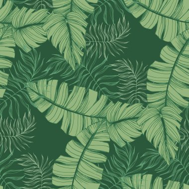 Dekor, kapaklar, arka planlar, duvar kağıtları için palmiye yaprakları olan yeşil, pürüzsüz bir arka plan. Vektör içinde modern egzotik bitkiler kolajı.