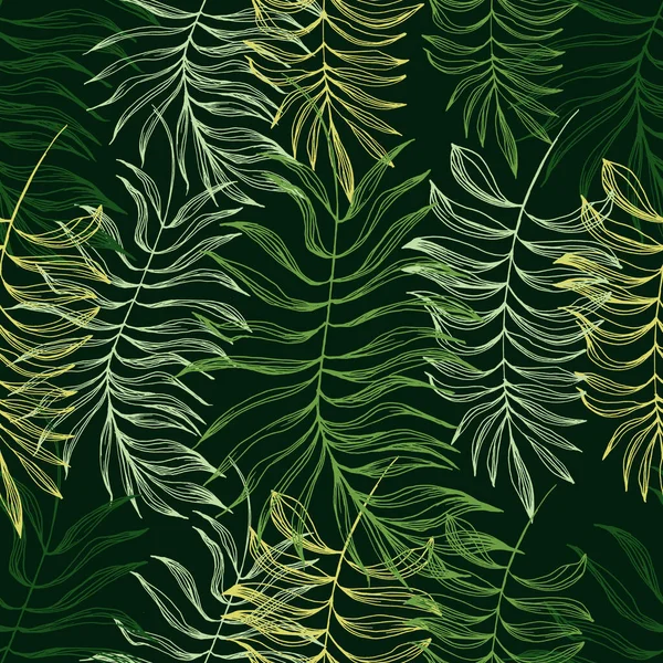 カバー 壁紙のためのヤシの葉が付いている緑の熱帯の継ぎ目が無いパターンの背景 コラージュ現代花のモダンなエキゾチックな植物のイラストベクター — ストックベクタ