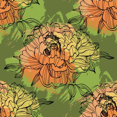 El Çizimi Şakayık Çiçeği Kusursuz Desenli Arkaplan. Kutlama kartları için zarif tasarım unsuru. Doğum günü, Sevgililer Günü, düğün ve nişan davetiyesi şablonu..