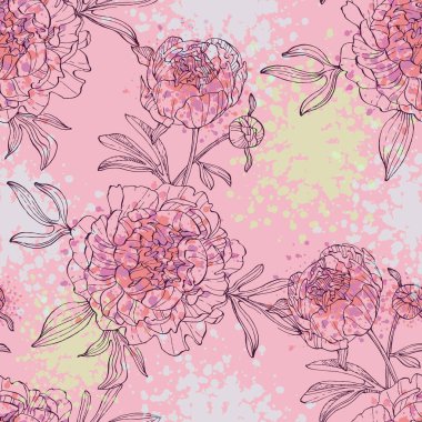 El Çizimi Şakayık Çiçeği Kusursuz Desenli Arkaplan. Kutlama kartları için zarif tasarım unsuru. Doğum günü, Sevgililer Günü, düğün ve nişan davetiyesi şablonu..