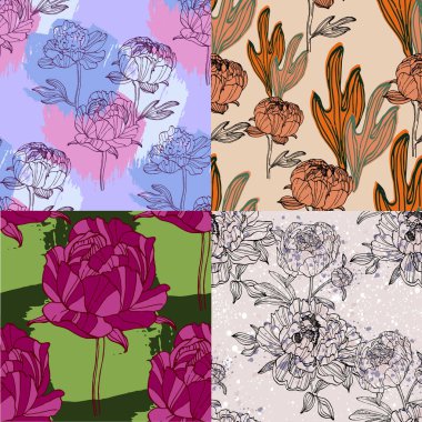 El Çizimi Şakayık Çiçeği Kusursuz Desenli Arkaplan. Kutlama kartları için zarif tasarım unsuru. Doğum günü, Sevgililer Günü, düğün ve nişan davetiyesi şablonu..