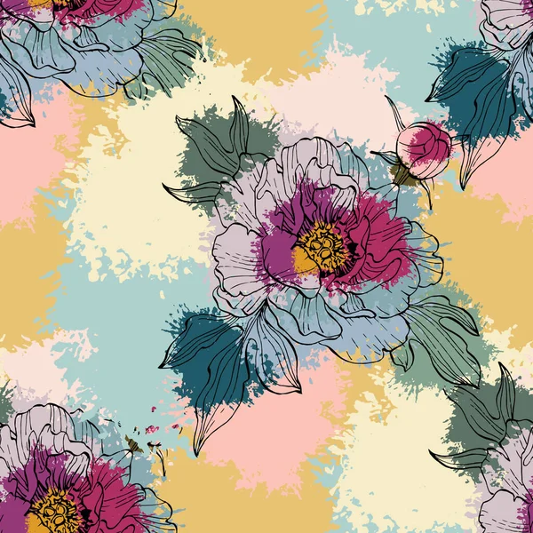 Hand Drawn Peony Flower Seamless Pattern Background Dalam Bahasa Inggris - Stok Vektor