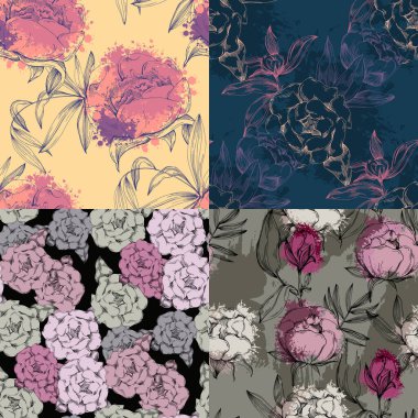 Şakayık çiçekli kusursuz boho deseni. Retro kolaj deseni. Düğün kırtasiyesi için çağdaş baskı, selamlar, duvar kağıtları, moda, geçmiş, dokular, DIY, ambalajlar, kartlar